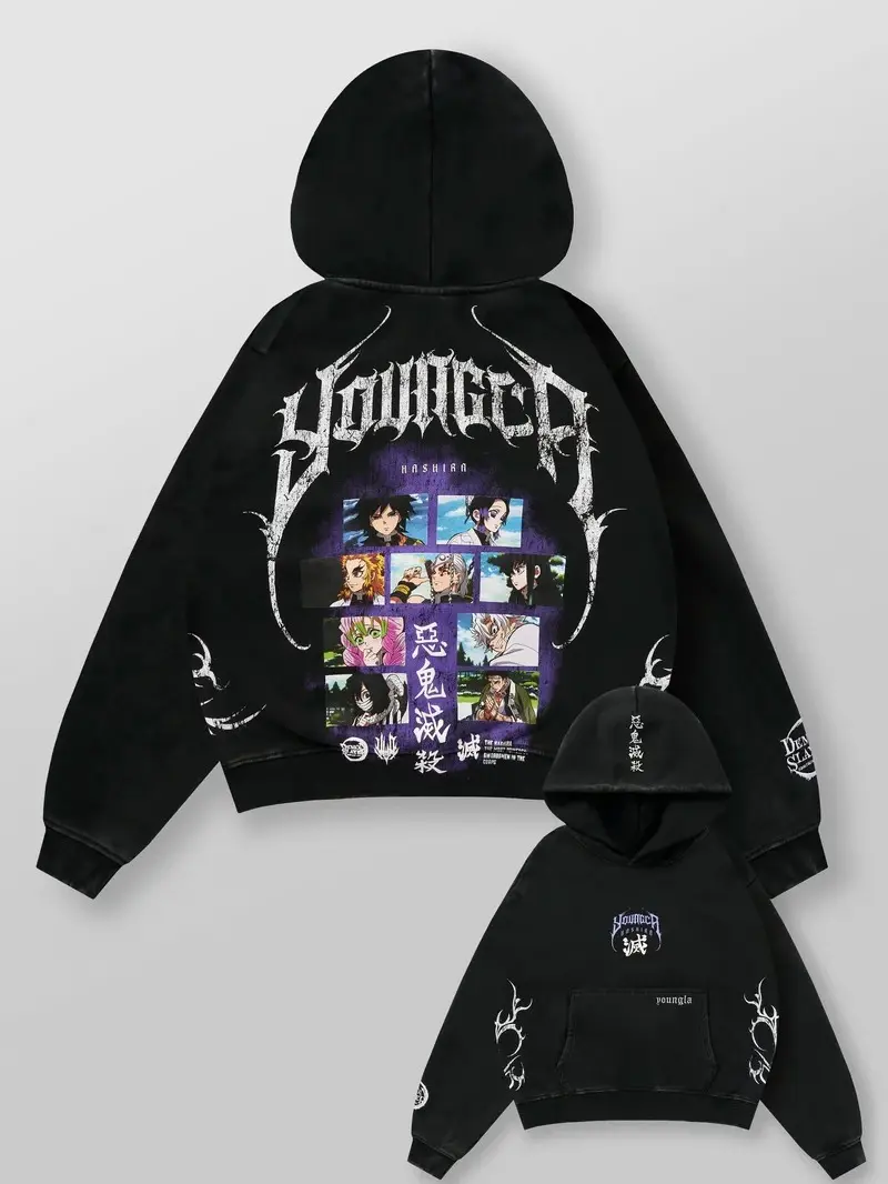 Youngla Demon Slayer Kimetsu no Yaiba The Hashira Hoodie – Japanese Anime Manga Graphic Sweatshirt, Vintage Hip Hop Y2K Streetwear Pullover Hooded Top for Men Women, Casual Everyday Fashion, Fall Winter Gift