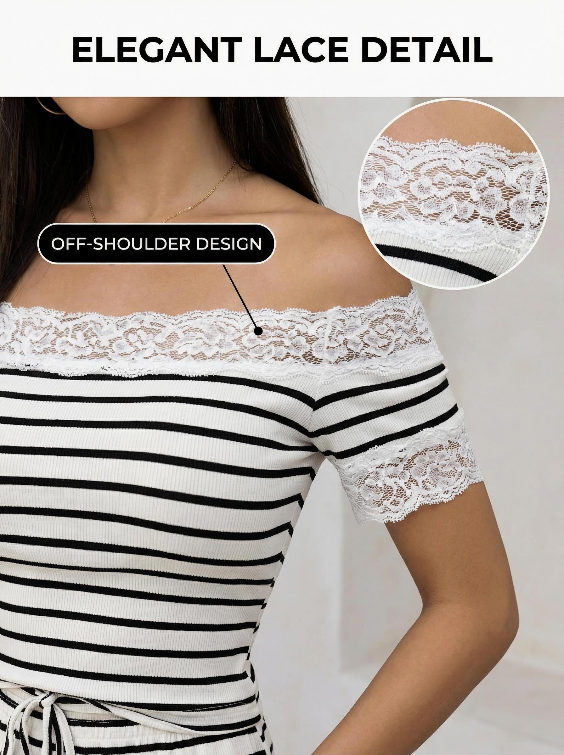 2pcs Chic Women's Off Shoulder/Halter/Cami Neck Lace Top&Pants Striped Set,Outfit Casual Set, Wide Leg Pants Casual Fashion All Seasons Womenswear 2pcs Chic Women's Off Shoulder/Halter/Cami Neck Lace Top&Pants Striped Set,Outfit Casual Set, Wide Leg Pants Casual Fashion All Seasons Womenswear