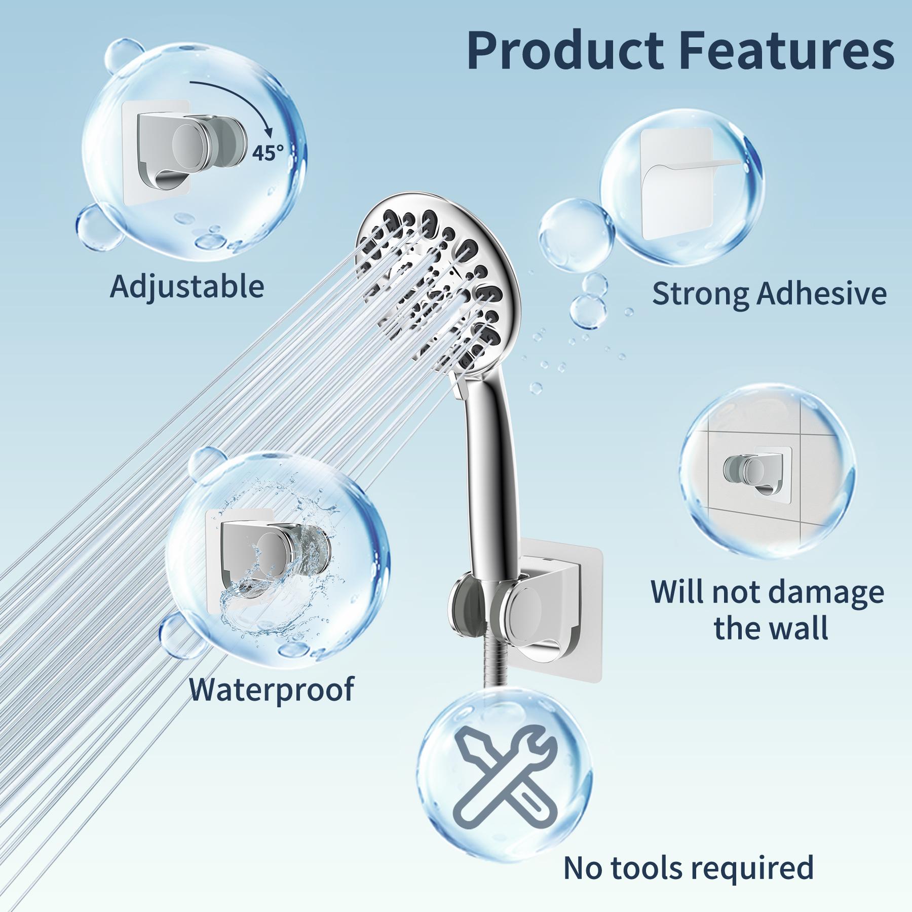 Hibbent Adjustable Handheld Shower Head Holder  Showerhead Holder, Strong Adhesive and Waterproof Handheld Shower Holder and Bracket, Height Adjustable Shower Wand Holder, Wall Mount, No Drilling, Chrome Finish