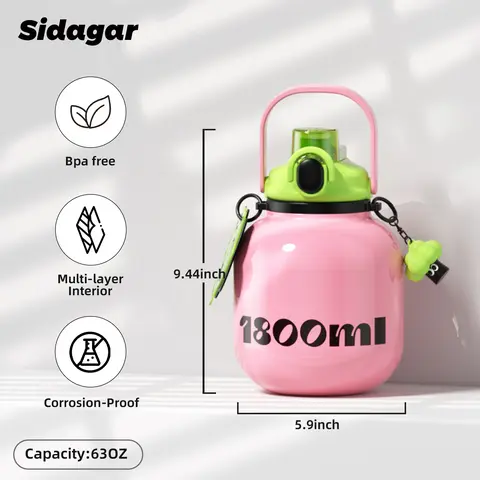 Sidagar 60oz Big Water Bottle for Women, S316L Stainless Steel Insulated Tumbler Cup with Straw & Carry Handle, Leak Proof 2-in-1 Water Bottle with Straw & Sip Lid, Large Capacity Cup