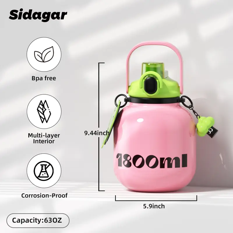 Sidagar 60oz Big Water Bottle for Women, S316L Stainless Steel Insulated Tumbler Cup with Straw & Carry Handle, Leak Proof 2-in-1 Water Bottle with Straw & Sip Lid, Large Capacity Cup