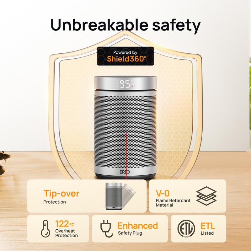 Dreo Space Heaters for Indoor, Portable Electric Heater for Home with Thermostat, 1-12H Timer, Eco Mode and Fan Mode, 1500W PTC Ceramic Fast Safety Energy Efficient Heater for Office Bedroom, Silver
