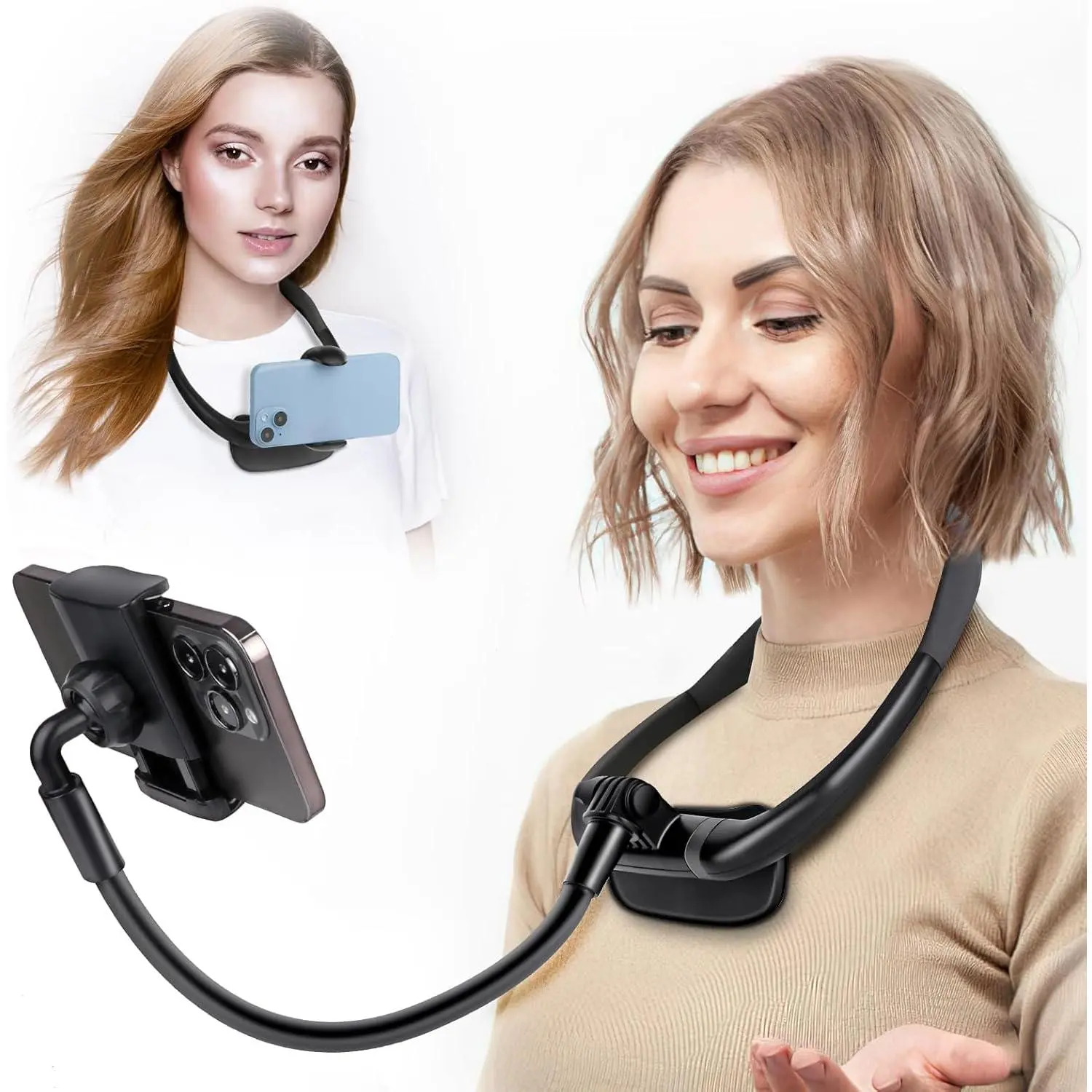 Neck Phone Holder – 16" Flexible Gooseneck, Magnetic Lock, Hands-Free Stand for Bed, Desk & Travel, Fits 4–7" Phones| Live Streaming & Vlogging Mount Cellphone Smartphone Grip Black US Adjustable Silicone