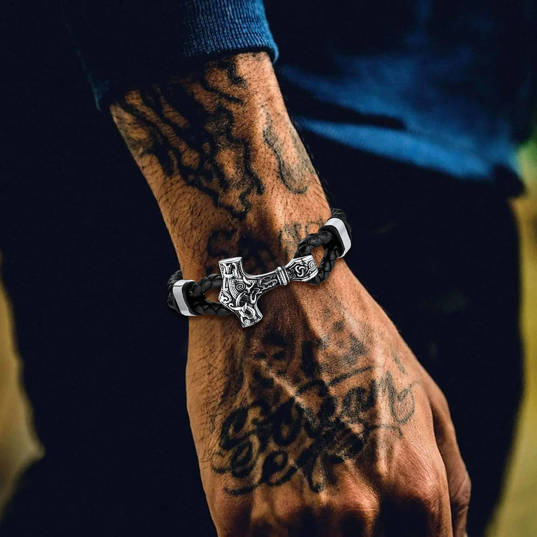 FaithHeart Viking Thor's Hammer Leather Bracelet Stainless Steel