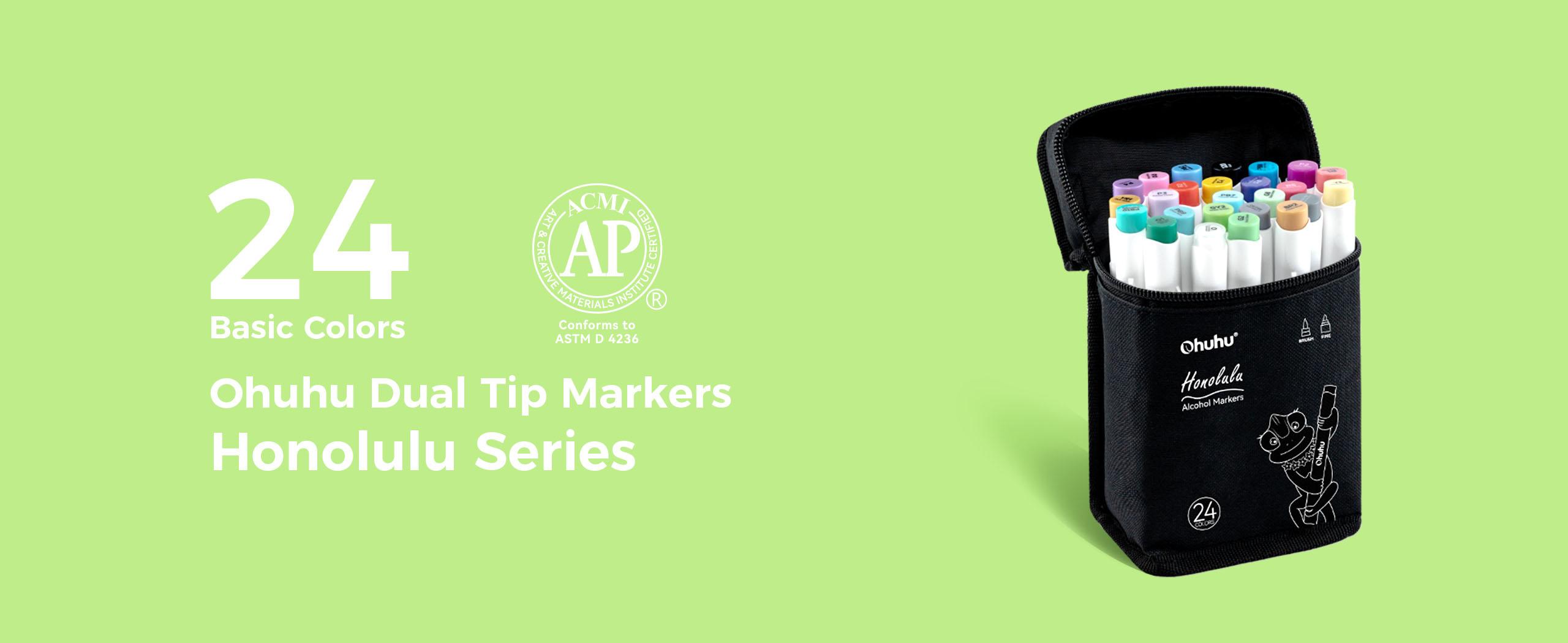 Ohuhu Alcohol Markers: Brush and Chisel Dual Tips - 24 Basic Colors - Double Tipped Alcohol Based Art Marker Set for Artist Sketching Adult Coloring Illustration - AP Certificated - Honolulu  Series of Ohuhuart