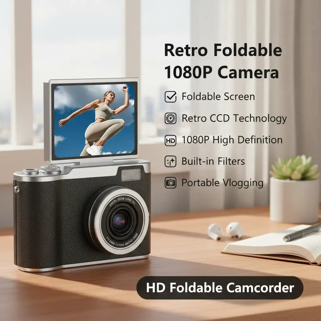 Vintage Hybrid Digital Camera - Retro Compact Student Pocket Camera with Foldable Screen, 1080P Recording, Built-in Filters, Mini Games, Digital Zoom, USB Recharge, Custom Settings, Micro SD Support