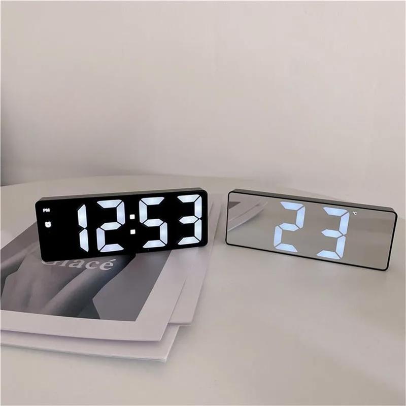 Mini Size Mirror LED Clock Simplicity Colorful Alarm Clocks Ultra Portable Travel Bedroom Bedside Clock 12/24H Display 6.3inches Large Display LED Digital Snooze Time Date Temperature Memory 3 Brightness Adjustable USB/Battery Powered Living Office Desk