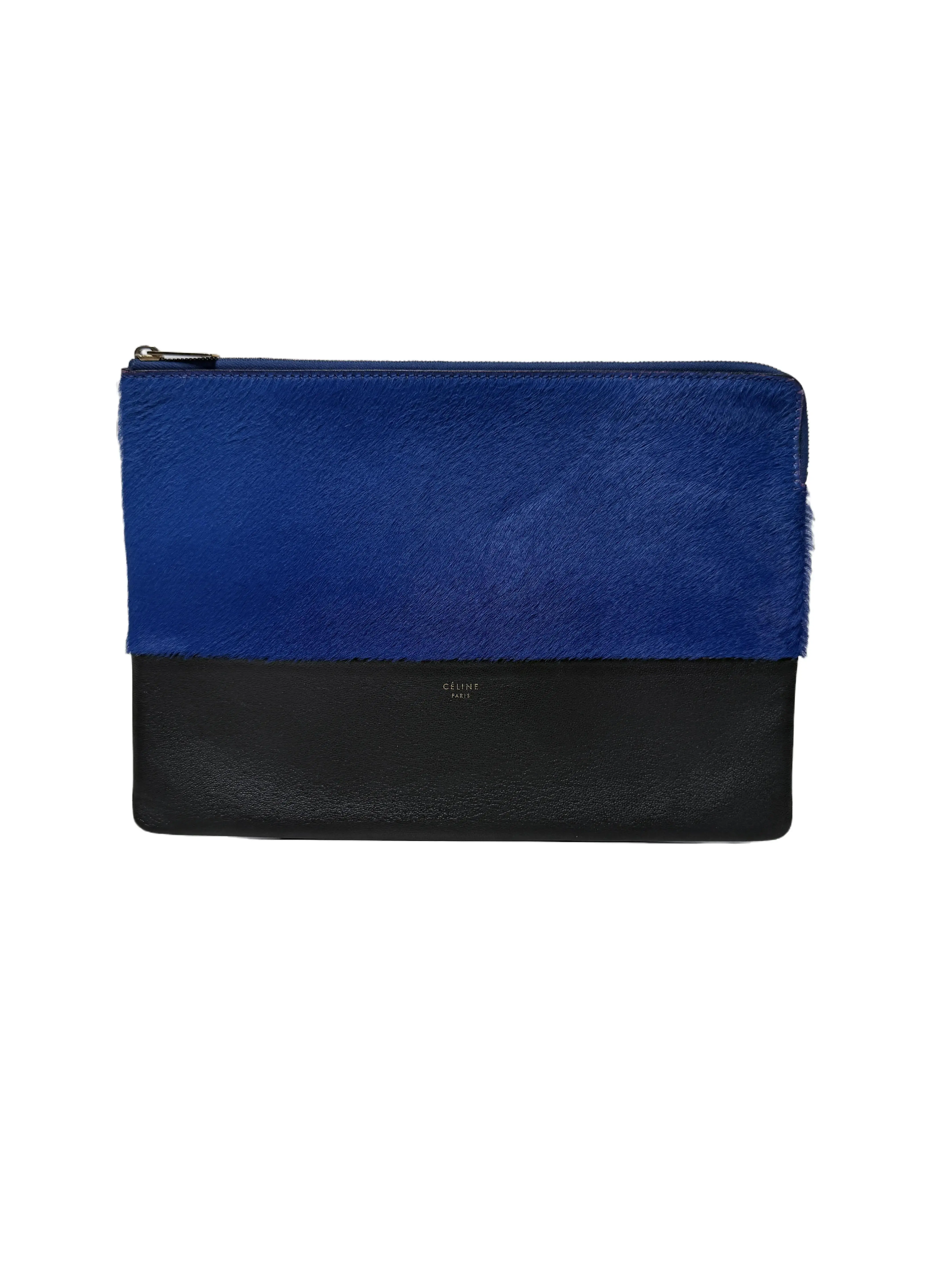 Pre-owned Celine Leather Clutches & Wristlets Authentic Céline Bi Color Clutch Pouch in Blue Pony Hair and Black JXCE5