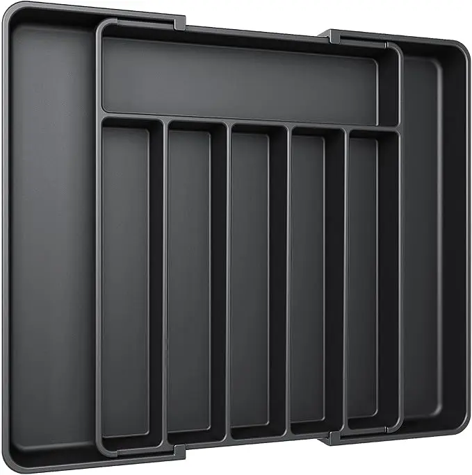 Silverware Organizer - Expandable Utensil Storage Organizer for Kitchen Drawer, BPA-Free, Black Color, Dimensions 13.2" x 8.5" x 2" Adjustable Boxes Divided Compartments