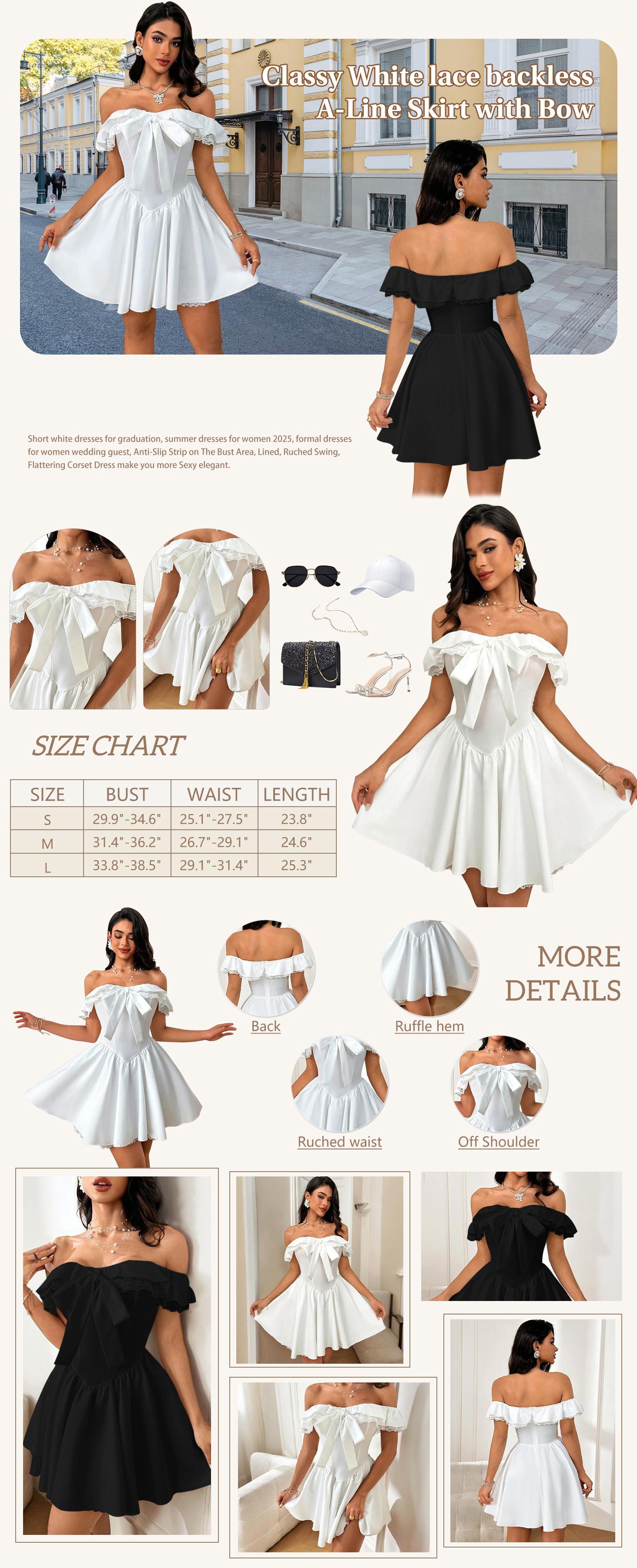 OYV Women's Off Shoulder Lace Dress,Ruched Bow Sun Dresses,White Graduation Short Dress, Women's Bridesmaid Dress