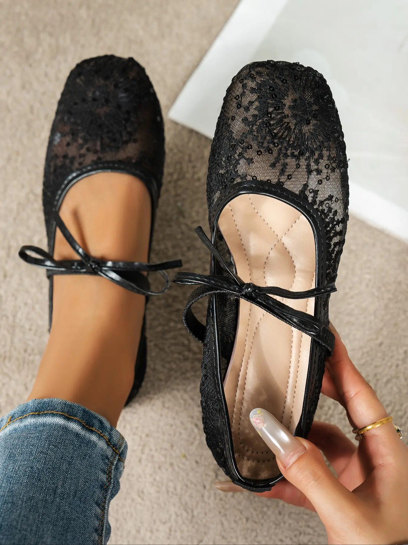 Elegant French Style Fairy Mary Jane Shoes, Classic, Lace Flats, Square Toe Ballet Mesh Flat Single Shoe, Women's Fashion Footwear for All Seasons, Summer Flats, Elegant Casual Shoes