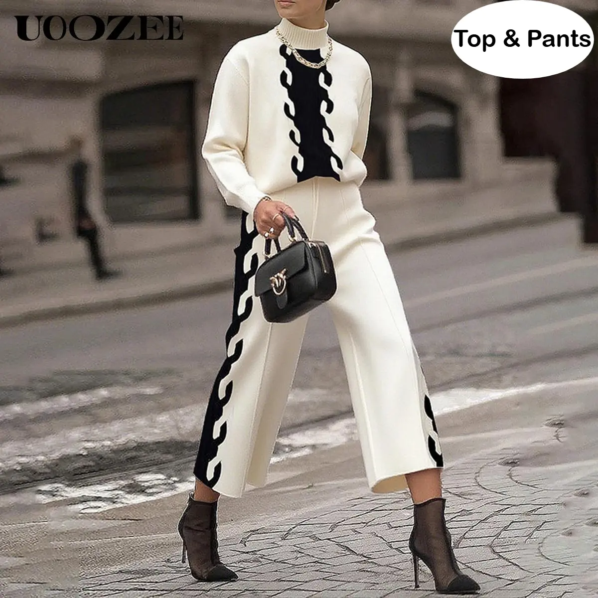 UOOZEE Women's 2-Piece Thick and Cozy Nylon Knitted Set - High Neck Color-Blocked Pull On Sweater, High-Waist Elastic Straight Pants, Comfortable Material Fashion Casual Streetwear Outfit