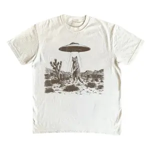 UFO Cat Western T-Shirt, Vintage Alien Graphic Tee, Funny Space Cat Top, Retro Sci Fi Gift- Unisex Menswear & Womenswear - Streetwear Tops - Casual Cotton Crewneck Shortsleeve Tshirt