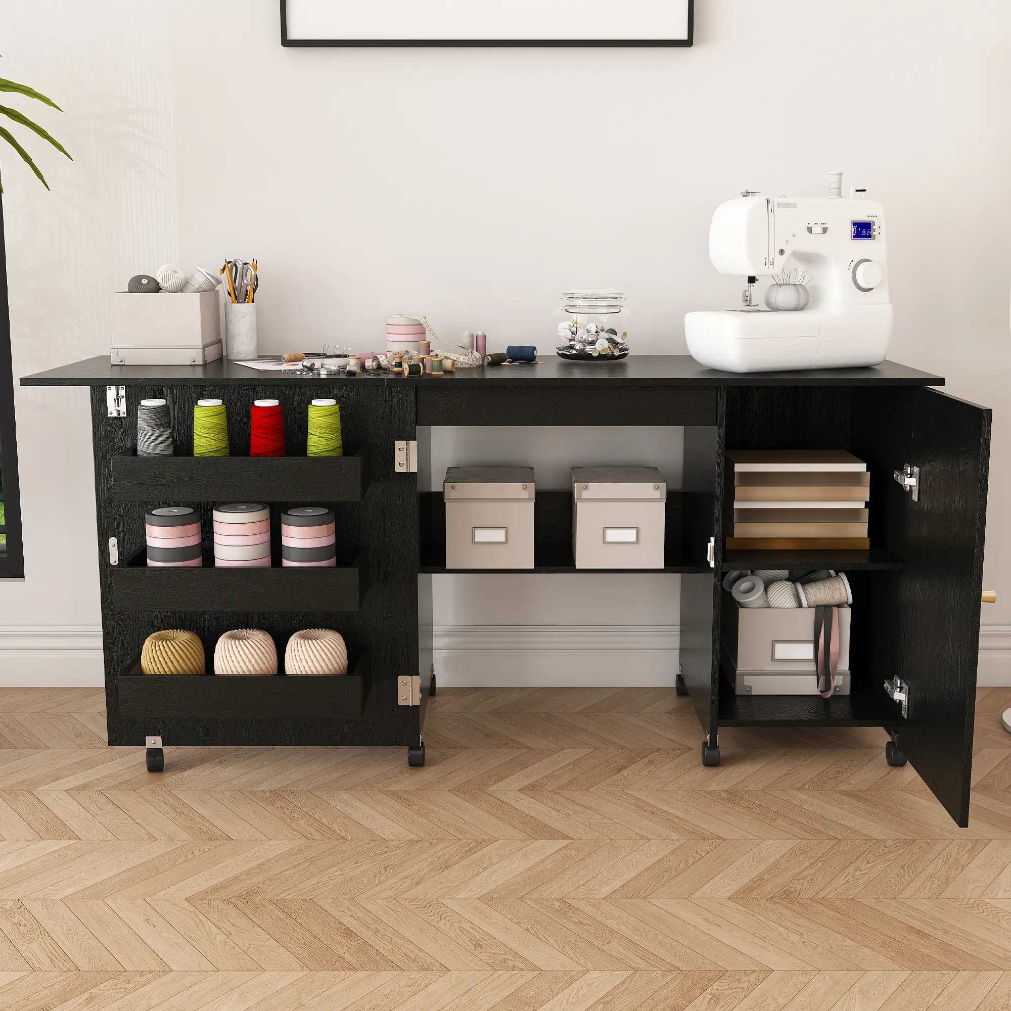 Black Foldable Sewing Machine Table with Locking Casters, Multi-Storage Craft Station with Shelves, Bins & Cabinet, Adjustable Sewing Cabinet/Office Desk