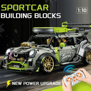1:10 Scale RC Building Block Mini Sports Car – Drift & Spray Function with Spoiler, DIY Assembled Toy for Kids and Adults. 2.4G Remote Control Drift Car , LED Light Bar & Lifting Chassis, Premium Gift for Car Lovers