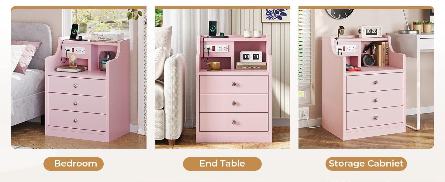 Sikaic Nightstand with 3 Drawers Charging Station Pink