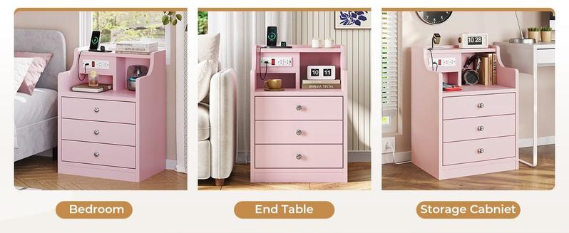 Sikaic Nightstand with 3 Drawers Charging Station Pink