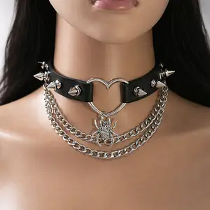 Gothic Spider Heart Studded Leather Layered Choker Necklace - Trendy It Girl Ins Aesthetic Y2K Punk Grunge Statement Jewelry Accessories for Women Valentines Gifts for gf