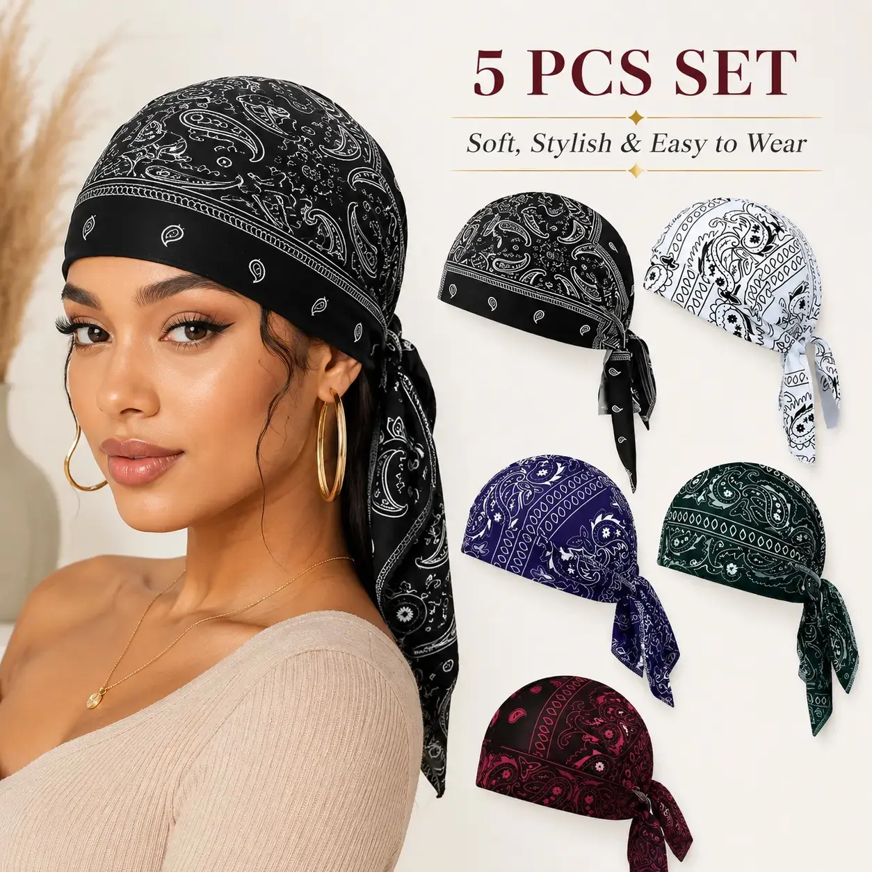 Unisex 5 PCS Breathable Skull Cap Paisley Bandana Head Wraps, Adjustable Tie-Back Do Rag Headwear, Lightweight Biker Durag Caps for Biking/Cycling, Outdoor Sports & Daily Wear