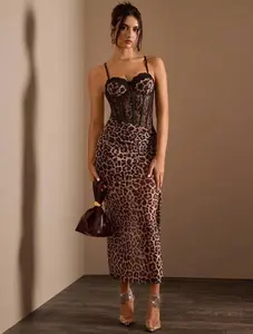 Elegant Lace & Leopard Print Asymmetric Waist See-Through Fish Bone Crinkle Detail One-Sided Strap Long Dress For Women Maxi Women Outfit