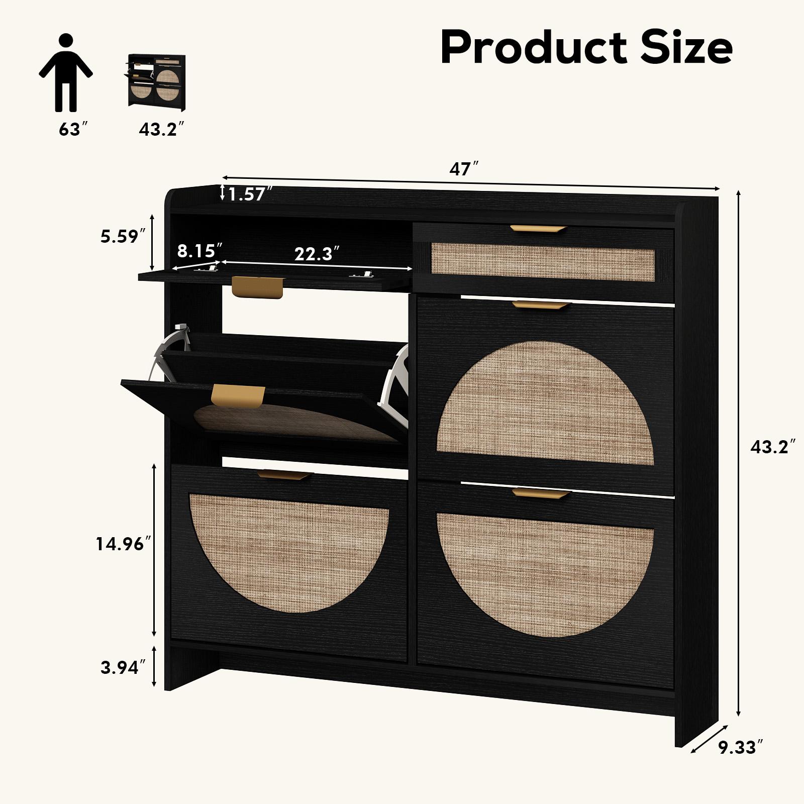 PieDle Furniture Oversized Rattan Shoe Storage Cabinet with 4 Flip Drawers & 2 Drawers – Hidden Slim Shoe Organizer for Entryway, Large Tabletop Space, Farmhouse Boho Narrow Shoe Rack