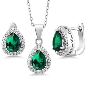 Gem Stone King Blue Simulated Sapphire Green Nano Emerald or Red Created Ruby Pendant and Earrings Jewelry Set For Women | 925 Sterling Silver | Pear Shape 9X7MM | 6.50 Cttw | With 18 Inch Silver Chain