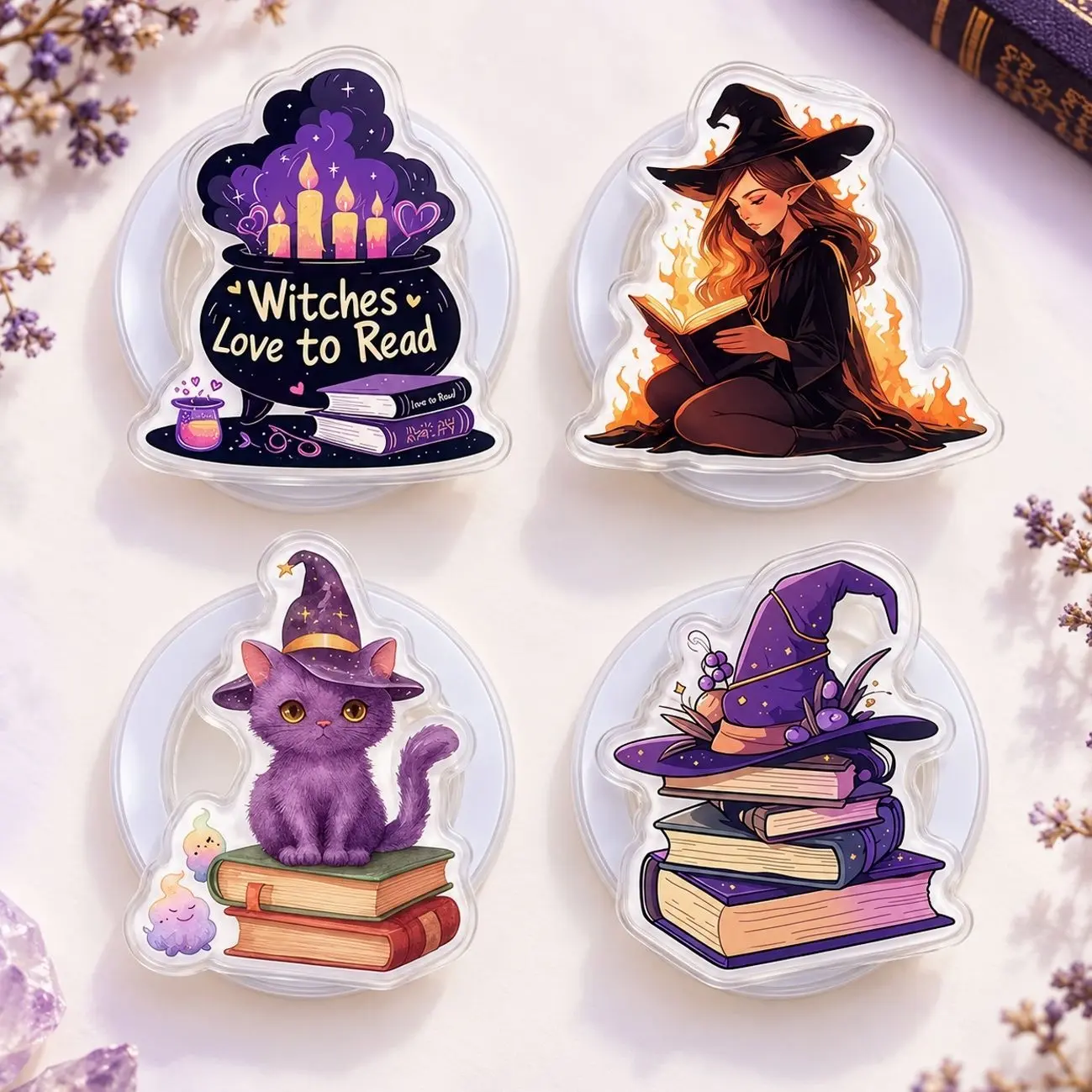 Witchy Book Lover Phone Grip – Halloween Acrylic Phone Holder, Purple Cat, Witch Hat & Book Stack Designs, Cute Reading Gift for Bookworms