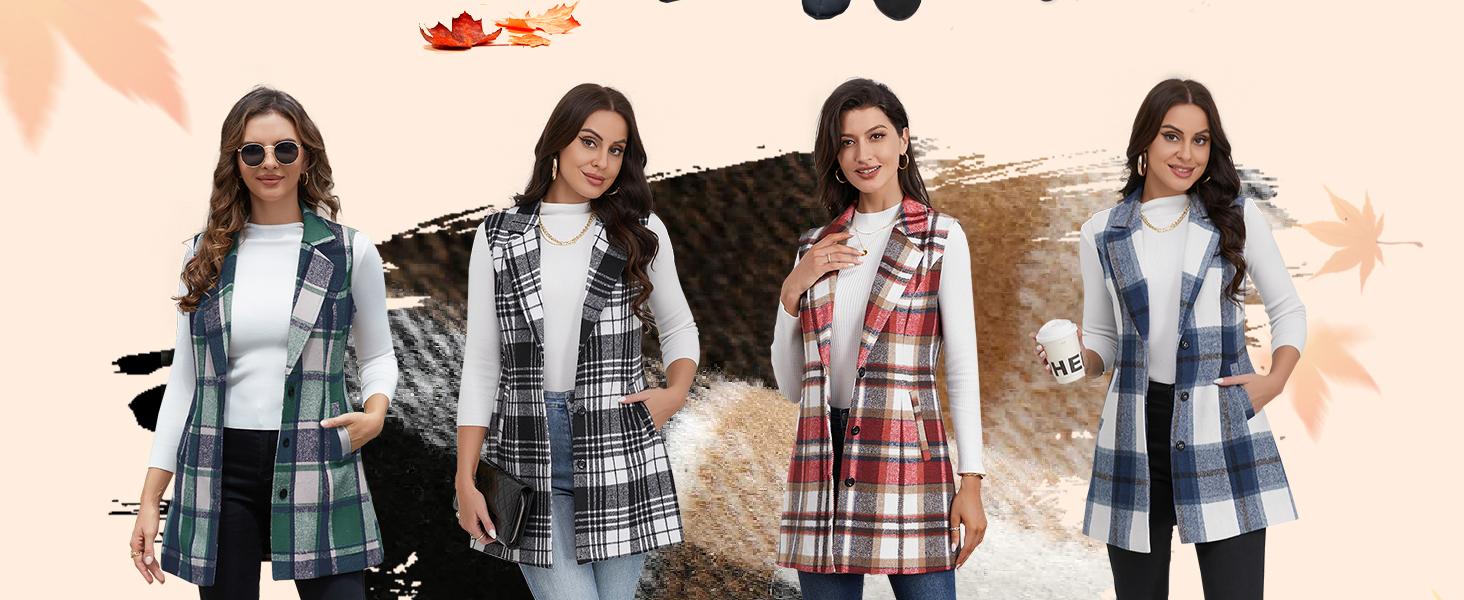 IDEALSANXUN Plaid Vest for Women Fall Winter Sleeveless Blazer Jackets Casual V-Neck Women's coat stylish wool autumn lady fashion fitted design Womenswear Cardigan Pockets Slim Tops Minimalist Clothes Flannel Outfits Outerwear Basic