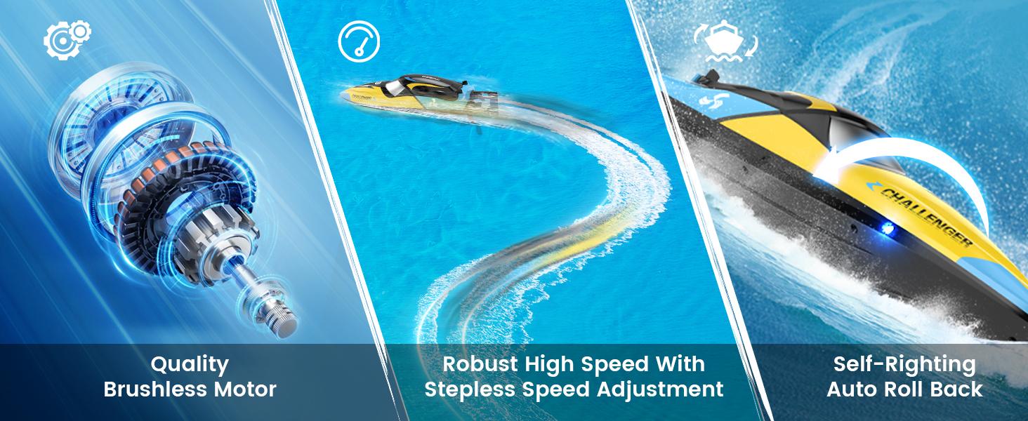 DEERC Brushless RC Boat, 30+ mph Fast RC Boats Never Capsize&Low Battery Alarm Function, 2.4GHz Racing Boat with LED Lights  Rechargeable Batteries