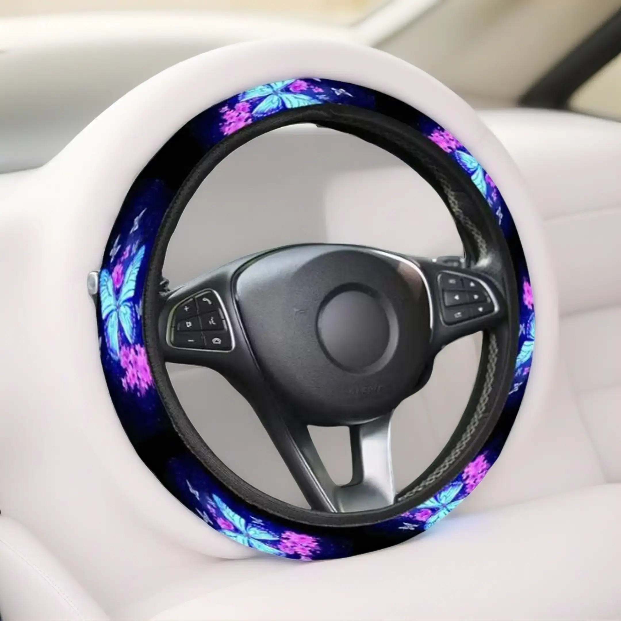 Blue Butterfly Print Steering Wheel Cover - Soft, Breathable Fabric - Automotive Car Accessories, Accessories for Car, Auto Parts Steeringwheelcovers - Ideal Gift for Women, Auto Parts Accessories