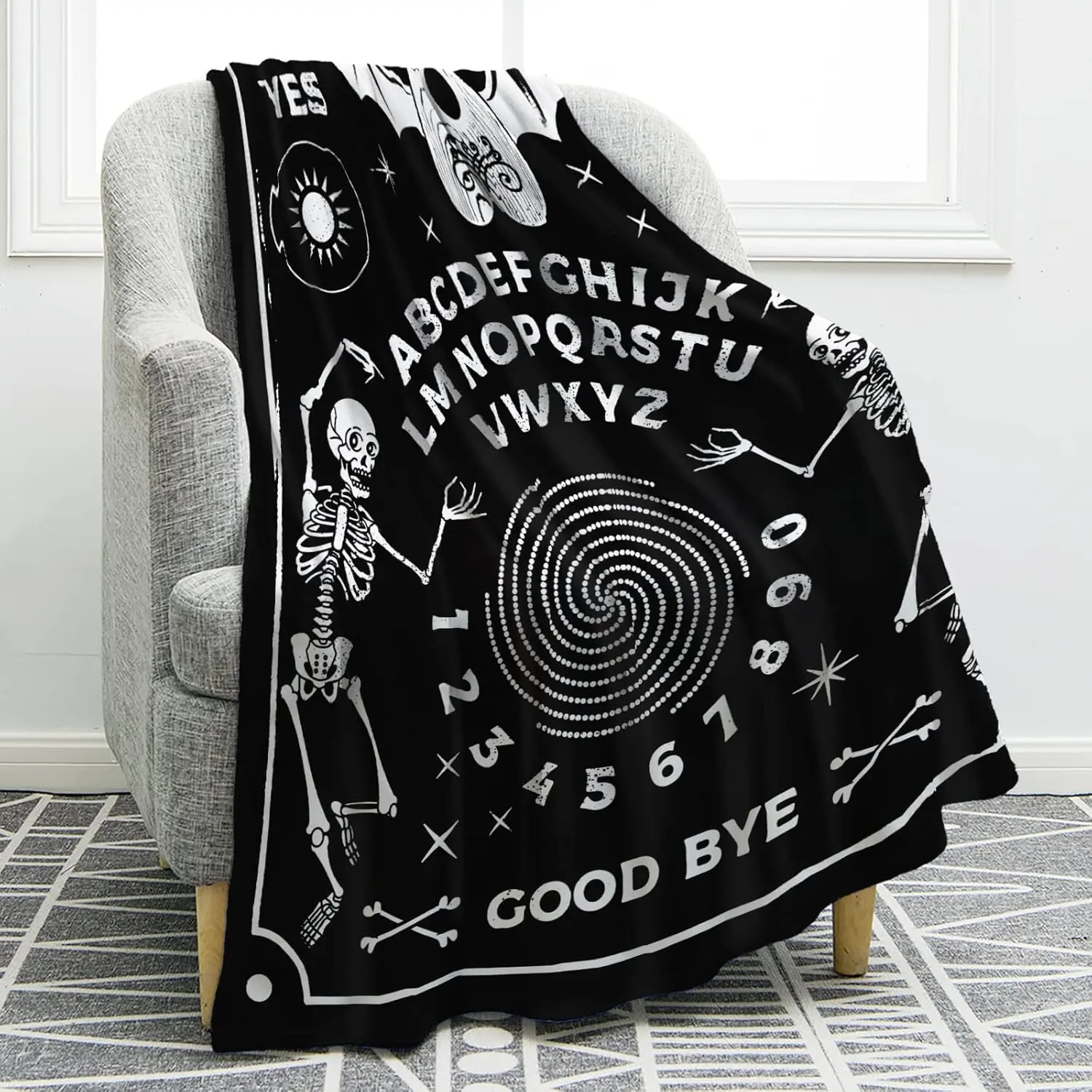 Halloween Theme Ouija Board Throw Blanket - Wrinkle Resistant, Fade Resistant, Soft Cozy Black Multi-Size Blanket for Children, Sun Moon Skulls Skeleton Bat Home Bedroom Decor, Machine Washable All Seasons Family Occasion Gift, Year-Round Use