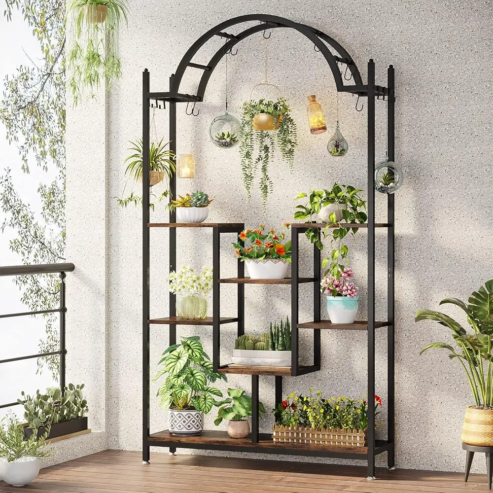 Tribesigns 5-Tier Arched Metal Plant Stand for Indoor Spaces with Hanging Hooks, Perfect for Displaying Large Bonsai and Flowers