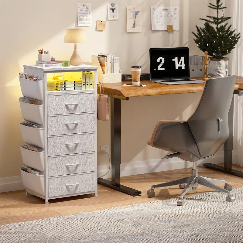 [with Free Gifts] Raybee LED Nightstand with Charging Station, Set of 1-2 Side Table with 5 Dresser Drawers, Tall LED Nightstands with USB Ports & Outlets, White End Table with Side Bag & Storage Shelf, Bedroom Furniture, Cabinet