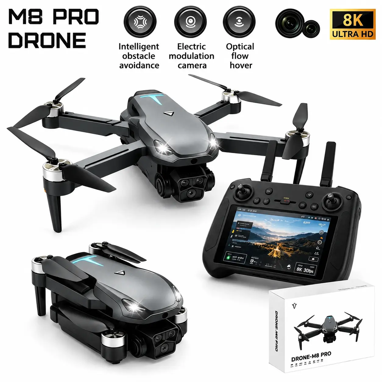 2026 Foldable M8 Pro Drone, 8K UHD EIS Anti-Shake Camera, GPS, 5G WiFi FPV, Intelligent Obstacle Avoidance, Auto Return, 360° Stunt Roll, 2 Batteries, for Adults Beginners Aerial Photography