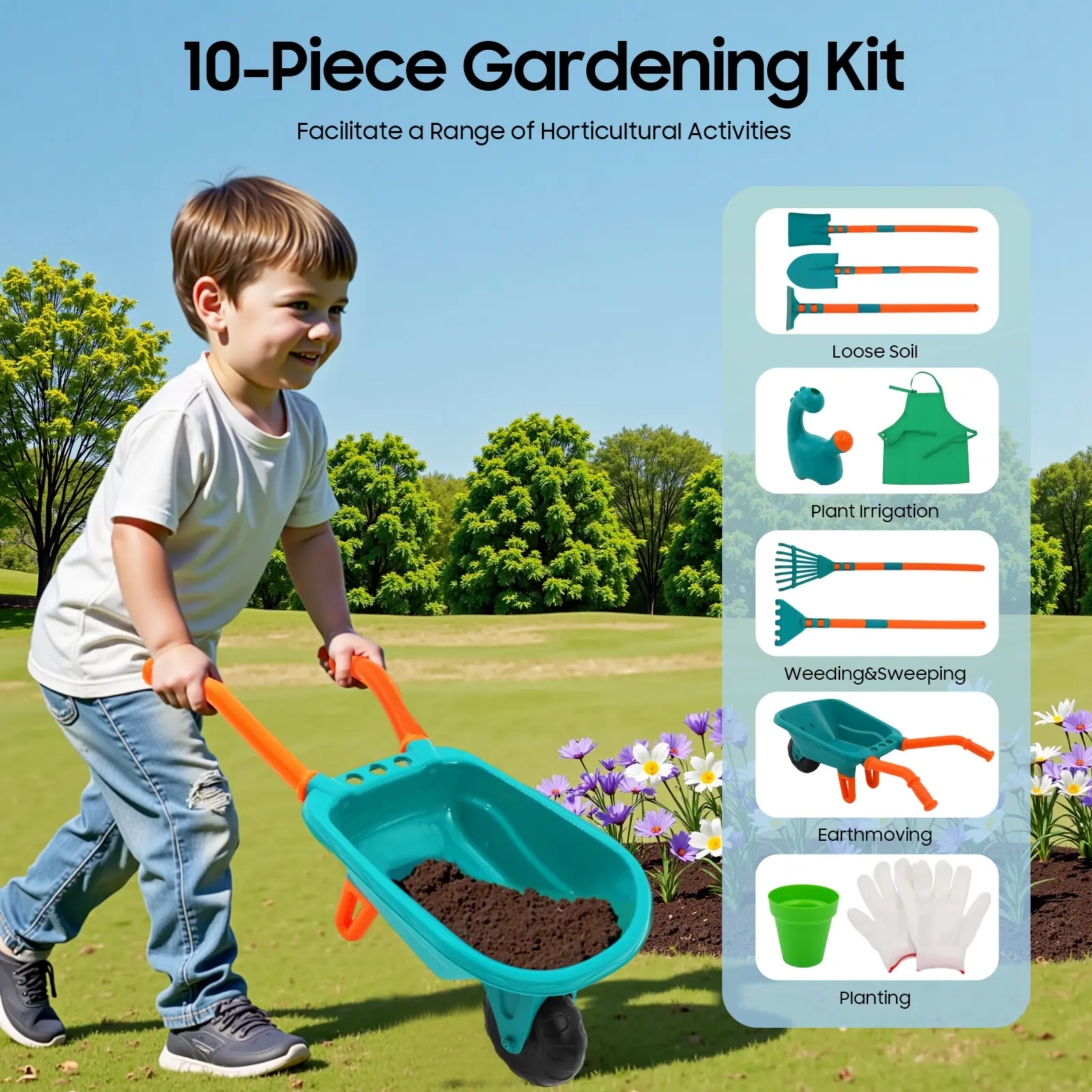 CNCEST 10-Piece Durable & Practical Unisex 4-6 Years Kids' Pretend Play Gardening Tools Set - Real Child-Sized Wheelbarrow, Gloves, Apron, Hoe, Rake, Flower Pot for Outdoor Educational Activities, Construction Play