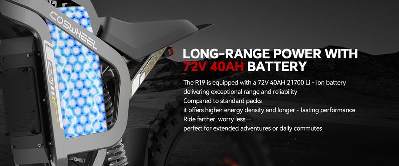 COSWHEEL R19 Adult Electric Bike 6000W 72V 40AH 19 Inch Tires 50MPH 125 Miles Range, frenos de disco hidráulicos duales, suspensión completa,Off-Road Electric Bike for Teenagers Snow Mountain.