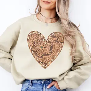 Vintage Western Sweatshirt Retro BOHO Brown Leather Print Graphic Heart Pullover Turquoise Cowgirl Cowboy Top Casual Womens Crewneck Sublimatio Sweater