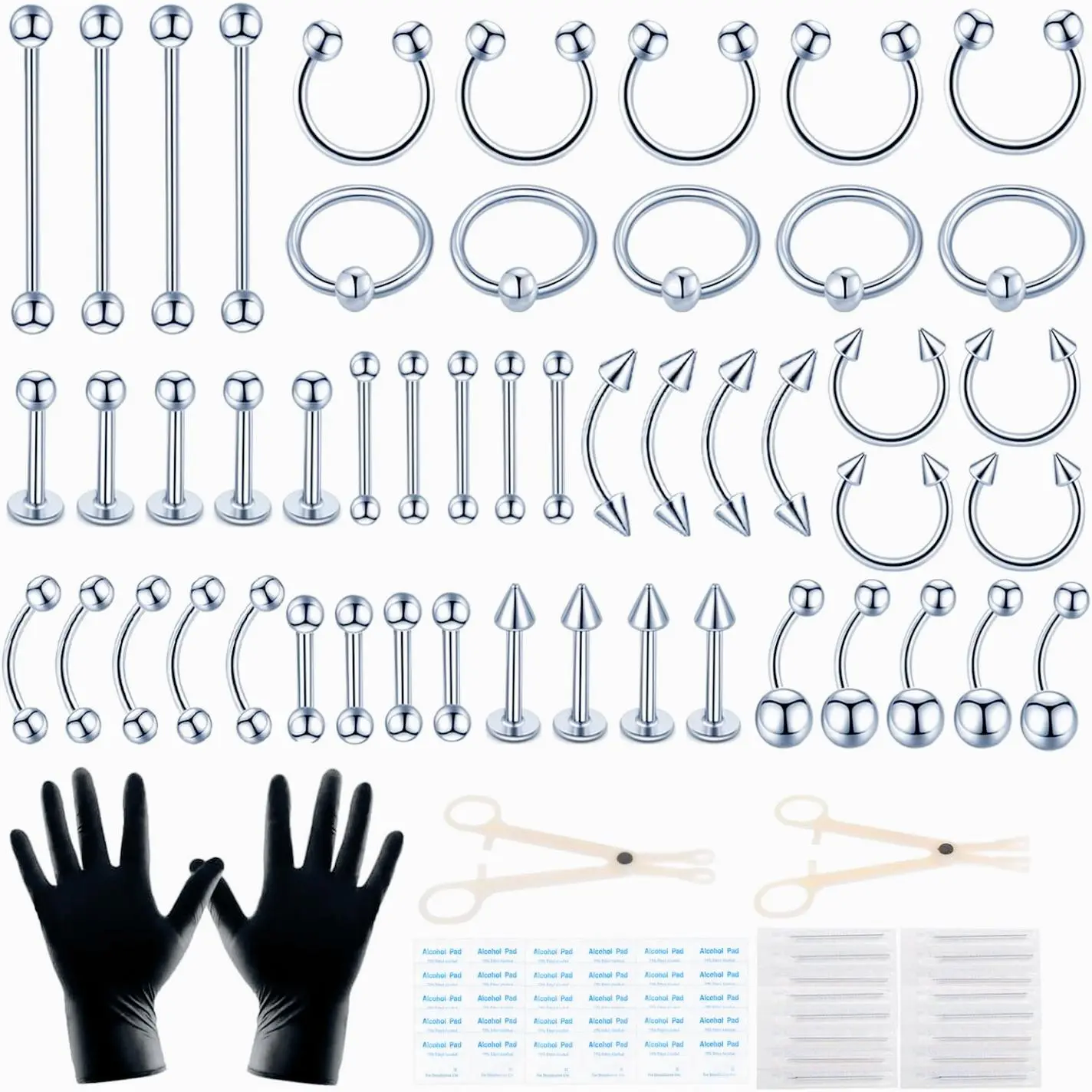 Fashion104Pcs Piercing Kit 14G16G Kit Piercing Kits For All Piercings (Stainless Steel Color) Helix Pierced Ring Septum Clicker Nose Stud Nose Ring Fake Nose Ring Fake Belly Piercing Belly Button Simple Rotating Openwork Engagement Ring African  Lip  Ring