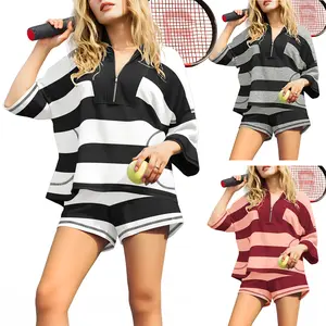 ETCYY Women's 2 Piece Lounge Set Black White Striped Oversized Button Down Shirt and Shorts Matching Set Casual Comfy Travel Outfit Workout Streetwear Summer Womenswear