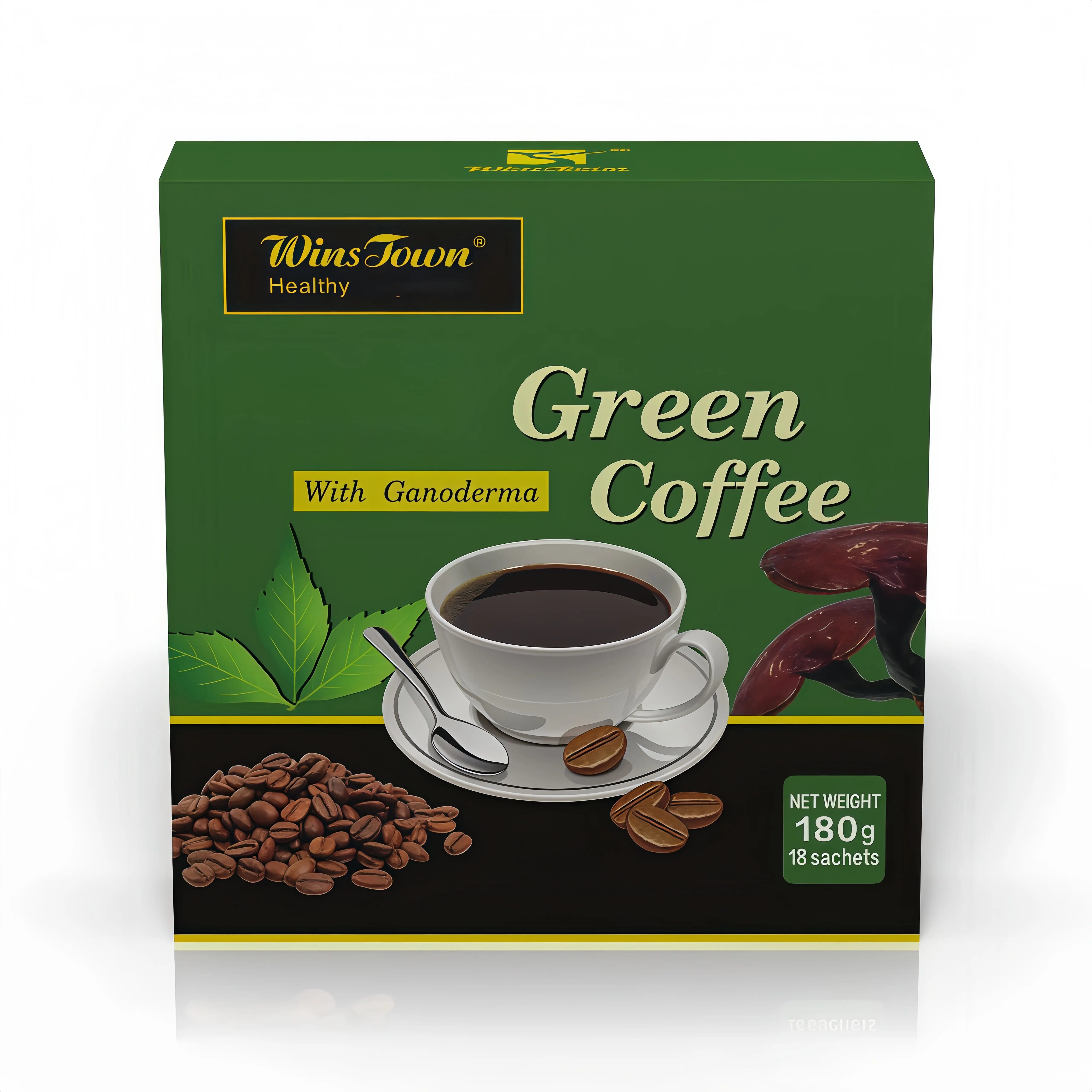 WinsTown Premium Green Coffee Natural Blends Packaged Beverage Instant Powder - 10 Herbal Botanical Extracts, Gluten-Free, Flavorful, 18 Sachets (180g), Ideal for Cupboard Storage & Evening Relaxation