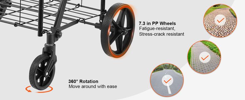 VEVOR Folding Shopping Cart, Jumbo Grocery Cart with Double Baskets, 360° Swivel Wheels, Heavy Duty Utility Cart, 110 LBS Large Capacity Utility Cart for Laundry, Shopping, Grocery, Luggage