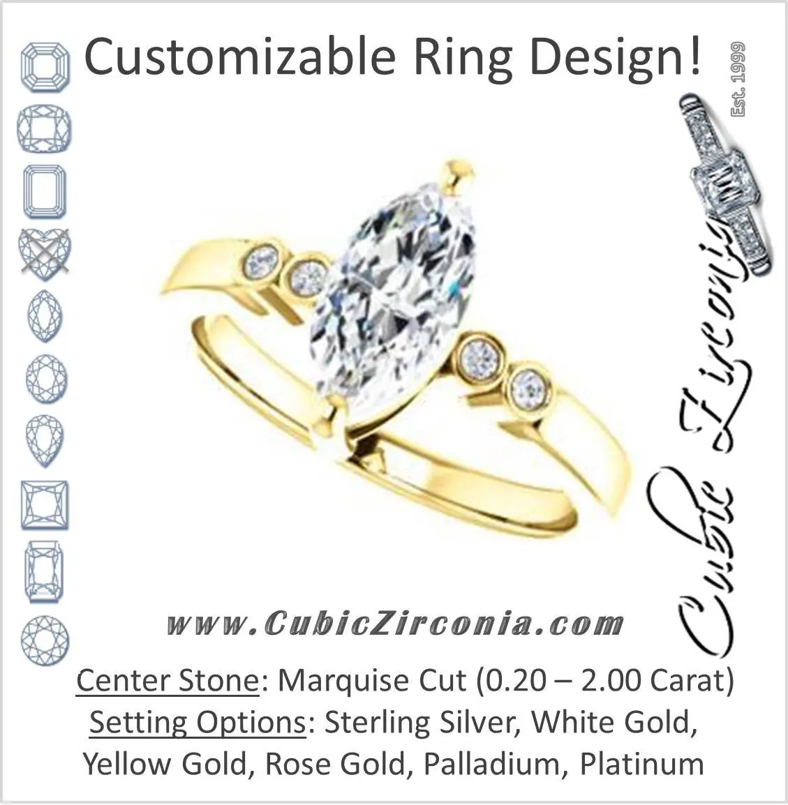 Cubic Zirconia Engagement Ring- The Luzella (Customizable 5-stone Design with Marquise Cut Center and Round Bezel Accents)