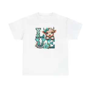 DTG Highland Love graphic tee Cow with floral accents, turquoise lettering