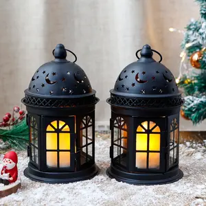 Set of 2 Decorative Lanterns-8.5inch High Vintage Style Hanging Lantern Metal Candle Holder for Indoor Outdoor Events Parities and Weddings (Black)