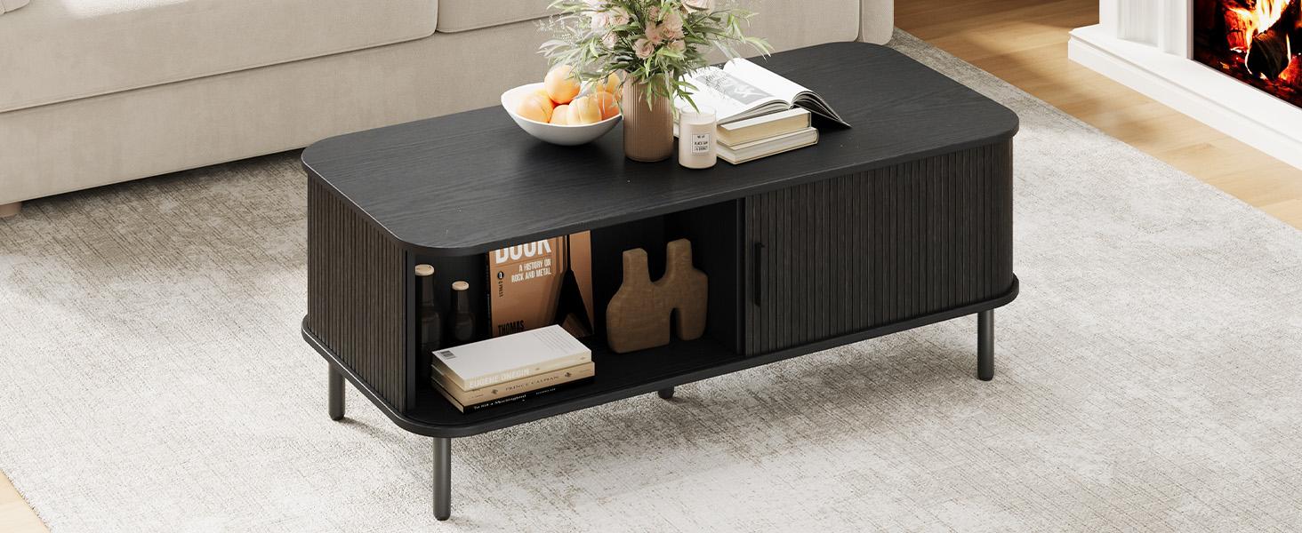 【SPOTLIGHT DAY】ONBRILL Fluted Coffee Table with Storage,47.2" Modern Coffee Tables with Sliding Door, Rectangle Wood Center Table with Adjustable Leg for Living Room, Black