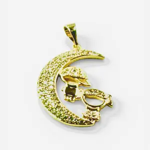 Gold Plated Moon Pendant with Two Children Charms Symbolizing Infinite Love for Mothers Day Gift