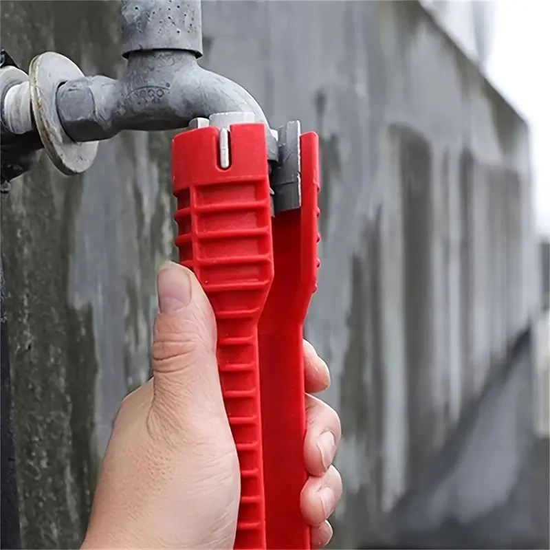 1-Piece 8-in-1 Multi-Function Sink and Faucet Repair Wrench - Durable ABS Material, Non-Slip Long Handle, for Kitchen and Bathroom Pipe Fittings, Red, 14mm/50mm/28mm Sockets, Includes Screwdriver and Adjustable Joint