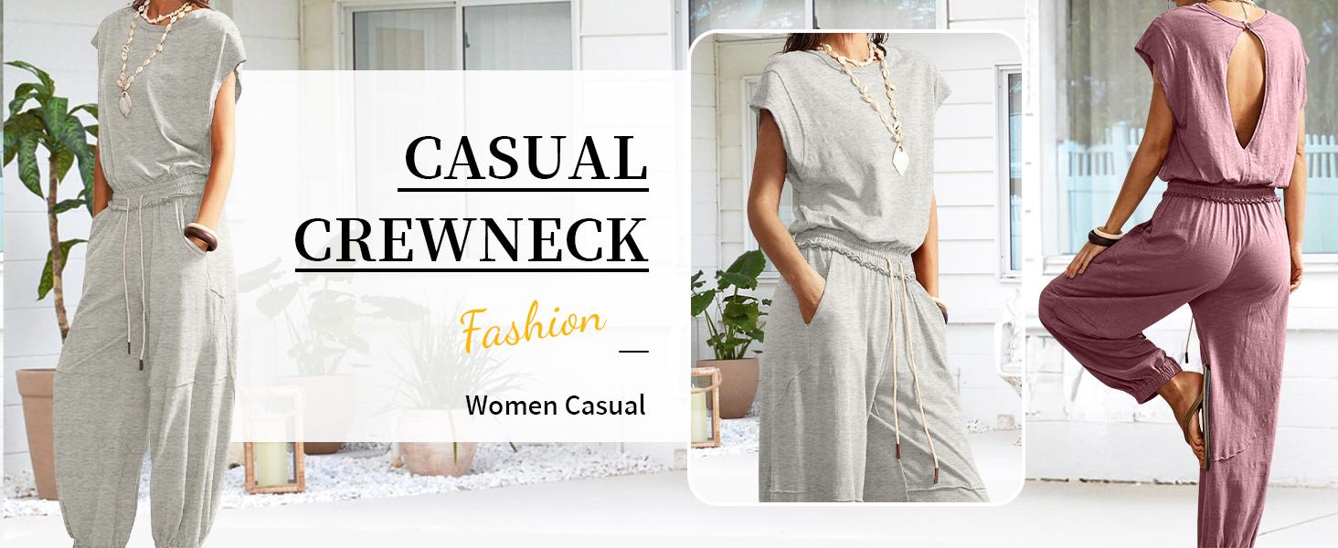 SCUSTY Women's Hollow Out Boho Jumpsuit Bohemian Short Sleeve Drawstring Waist Cuffed Ankle Playsuit Casual Solid Knitted Lounge Set