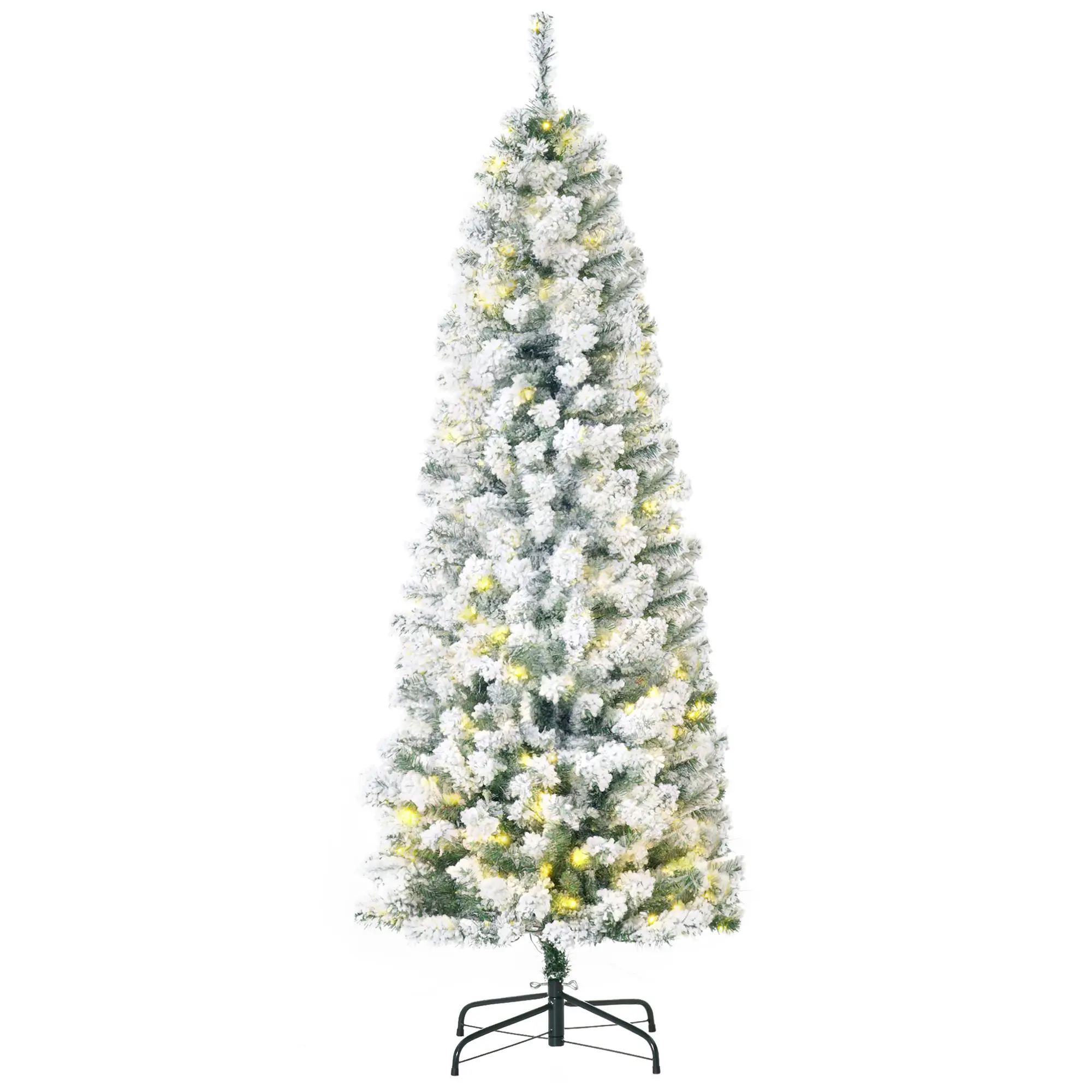 HOMCOM 6ft Prelit Snow-Flocked Artificial Christmas Tree, Slim Xmas Tree with 250 LED Lights and 462 Branches - Green