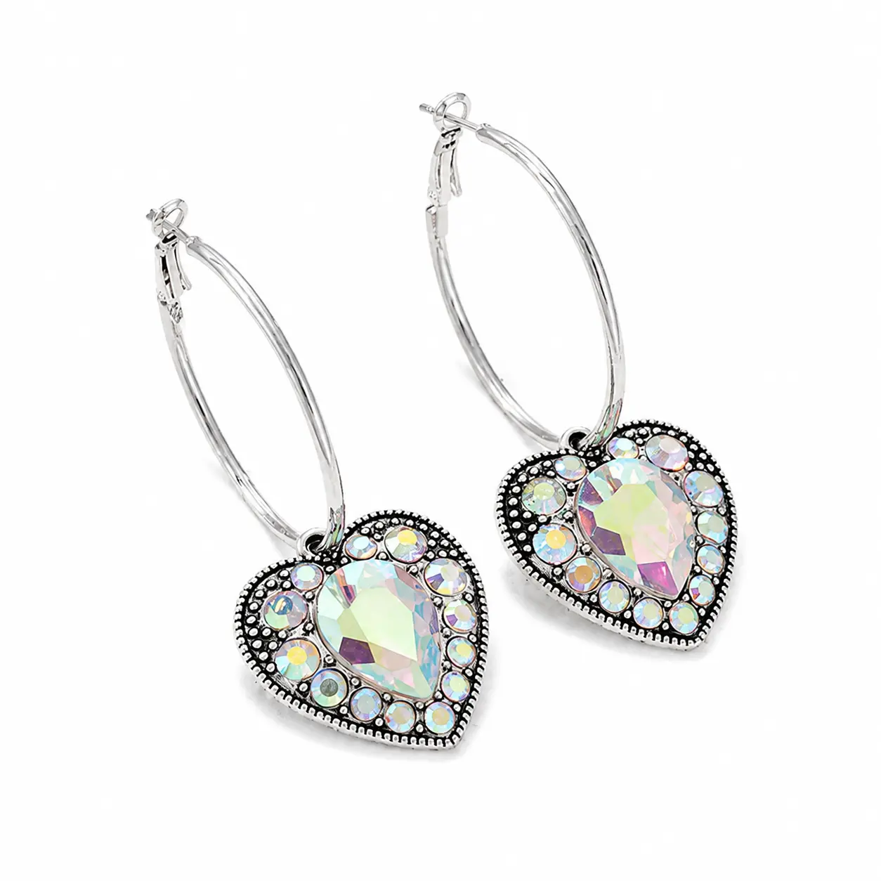 EH-A41-Vintage Bohemian Heart Pendant Hoop Earrings for Women, Turquoise Style Rhinestone Western Dangle Earrings, Cowgirl Southwestern Statement Jewelry for Daily Party Festival Wear